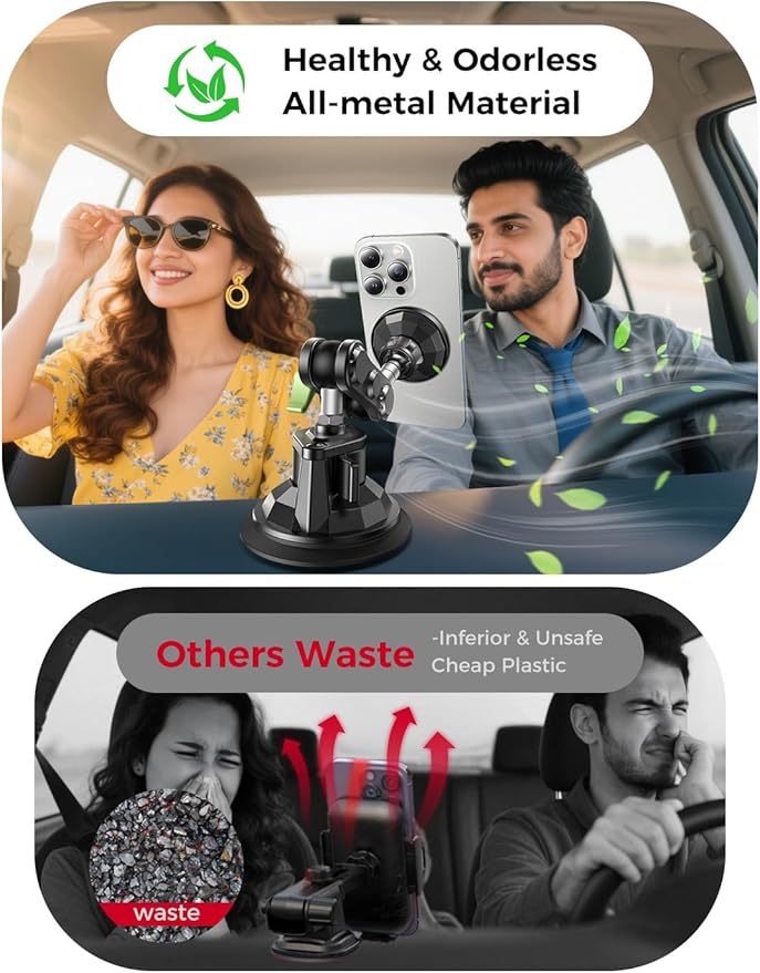MAGIC JOHN Magnetic Car Phone Holder [Strong Suction&Strong Magnetic] 360° Adjustable Car Phone Mount for Windshield, Ultra-Durable Metal, Suction Cup Car Phone Mount for iPhone Samsung All Smartphone