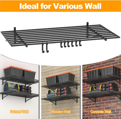 2-Pack 2×4ft Steel Garage Wall Shelving, 500lbs Each Load Capacity, Black, Hooks, Tool & Equipment Storage