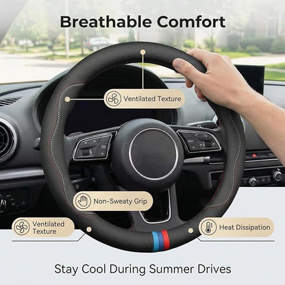 Leather Steering Wheel Cover for Chevy Silverado 1500 2500 3500, Colorado 14.5-15 inches Car Steering Wheel Cover, Black