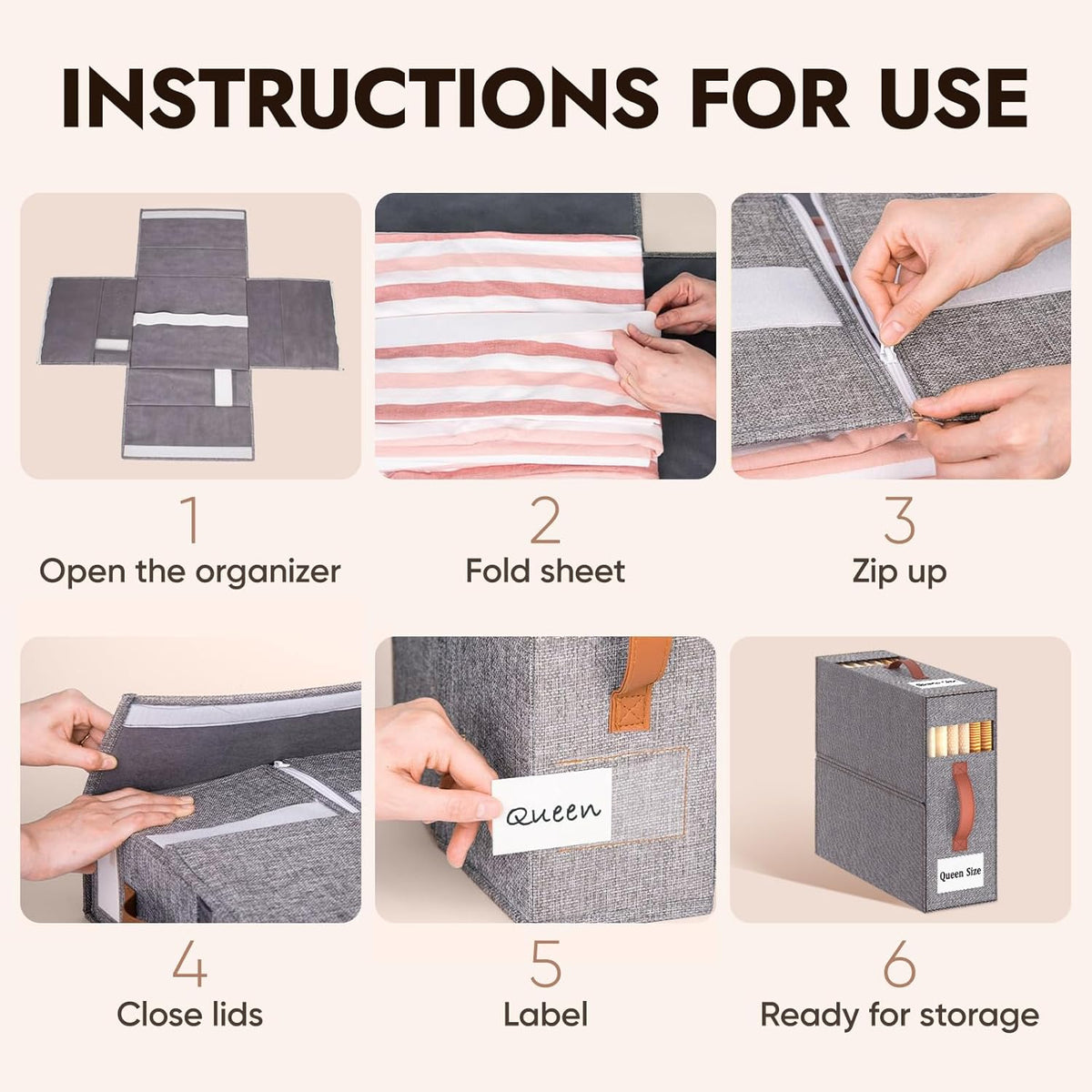 4 Pack Bed Sheet Organizers and Storage(King &Queen Size) with an Elastic Strap, Foldable Closet Linen Sheet Storage Container, Sheet Set Box for Blankets, Duvet Covers and Pillowcase, Grey