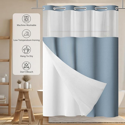 GICDSU No Hook Shower Curtain with Snap in Liner, Waffle Shower Curtain Set for Bathroom, Hotel Style with Semi-Sheer Top Window, Waterproof & Washable, Fog Blue, 59" W x 75" L