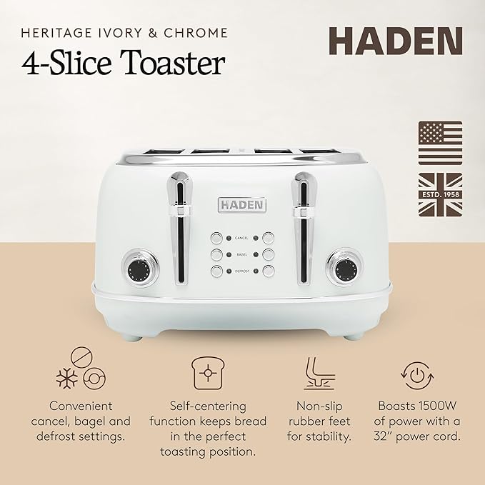 HADEN Heritage Toaster with Extra Wide Slots, Ivory & Chrome