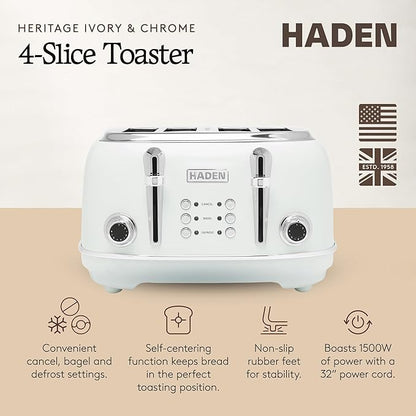 HADEN Heritage Toaster with Extra Wide Slots, Ivory & Chrome