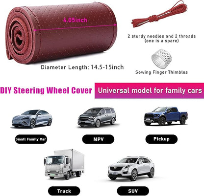 Ziciner Genuine Leather Steering Wheel Cover, Stitch on Wrap, Breathable Anti-Slip Car Steering Wheel Protector for Max Diameter 15 Inch, DIY Sewing with Needles Thread (Wine Red, Hole)