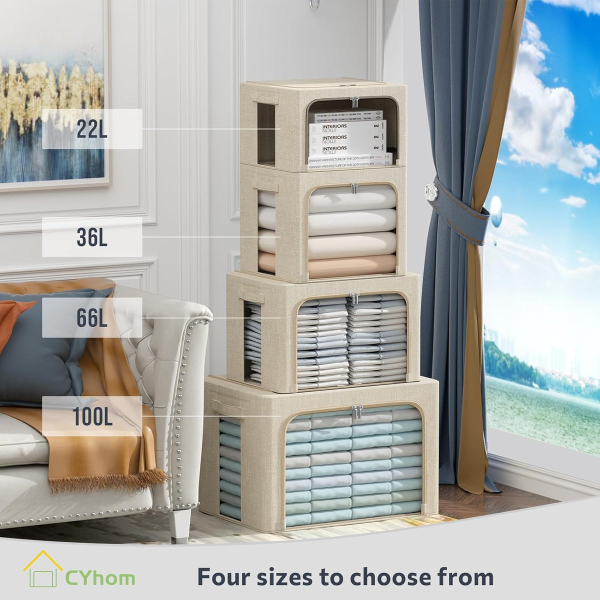 CYhom 3Pack Foldable Storage Bins - Frame Storage Box Linen Fabric Stackable Clothes Container Organizer with Clear Window & Carry Handles Large Capacity (Extra Large-100L, Beige)