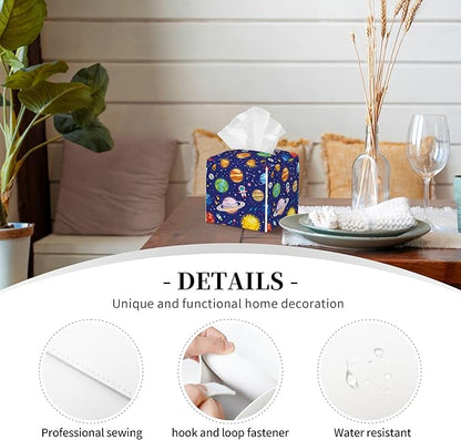 POIUBLE Leather Tissue Box Holder Solar System Universe Planet Tissue Box Cover Square Waterproof Tissue Holder Organizer Modern Napkin Holder for Bedroom Dresser Night Stand Office Desk