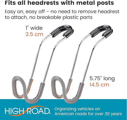 High Road Car Hooks for Purses and Bags with Leather Trim - Unbreakable Headrest Car Hooks for Large Purse Straps and Heavy Bags up to 40 lbs - Secure Attachment Loops Fit All Headrest Posts, 2-Pack