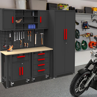 6-Pcs Garage Storage Cabinet System: Workshop Set with Steel Cabinet Drawers, Rolling Chest, Workbench, Pegboard for Tool Organization