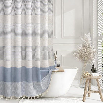 XOGUIBO Light Blue Shower Curtain Linen Coastal Ocean Striped Shower Curtains for Bathroom with Tassel 72 X 72