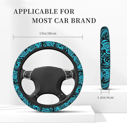 Hawaiian Polynesian Teal Tribal Car Steering Wheel Cover for Women Men 14-15 Inch Stretch Cloth Anti-Slip Wrap Protector Case Fit Universal Auto Accessories Decor Sweat Absorption