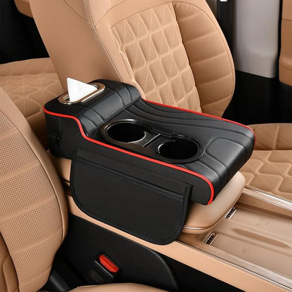 LAFANDE Car Armrest Cushion | Heightening Pad Arm Rest for Car, Center Console Cover with Storage Bags Cup Holder, Tissue Box Slot, Easy to Install and Clean