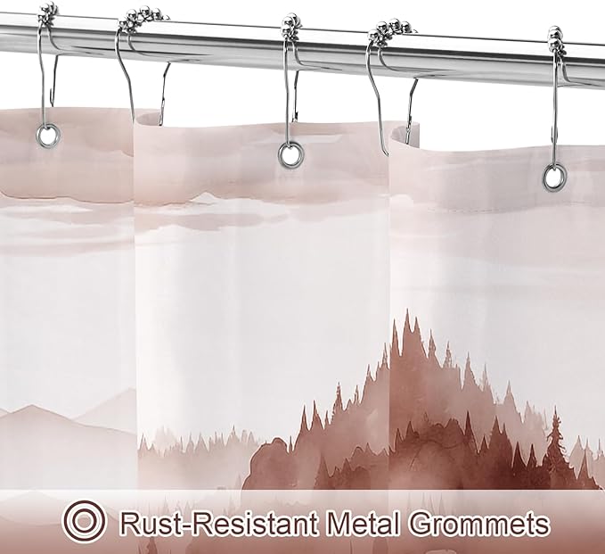 Litabel Burgundy Long Misty Pine Forest Shower Curtain 72 x 78, Mountain Foggy Woodland Scenery Tree 78 Inch Long Shower Curtains for Bathroom, Abstract Waterproof Nature-Themed Decor