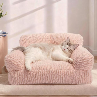 KHONSU PET Orthopedic Cat Sofa Bed - Large Plush Pet Couch for Indoor Cats, Washable Fluffy Dog & Kitty Lounge Chair with Removable Cover, Supportive Comfy Bed,30 Inch Pink