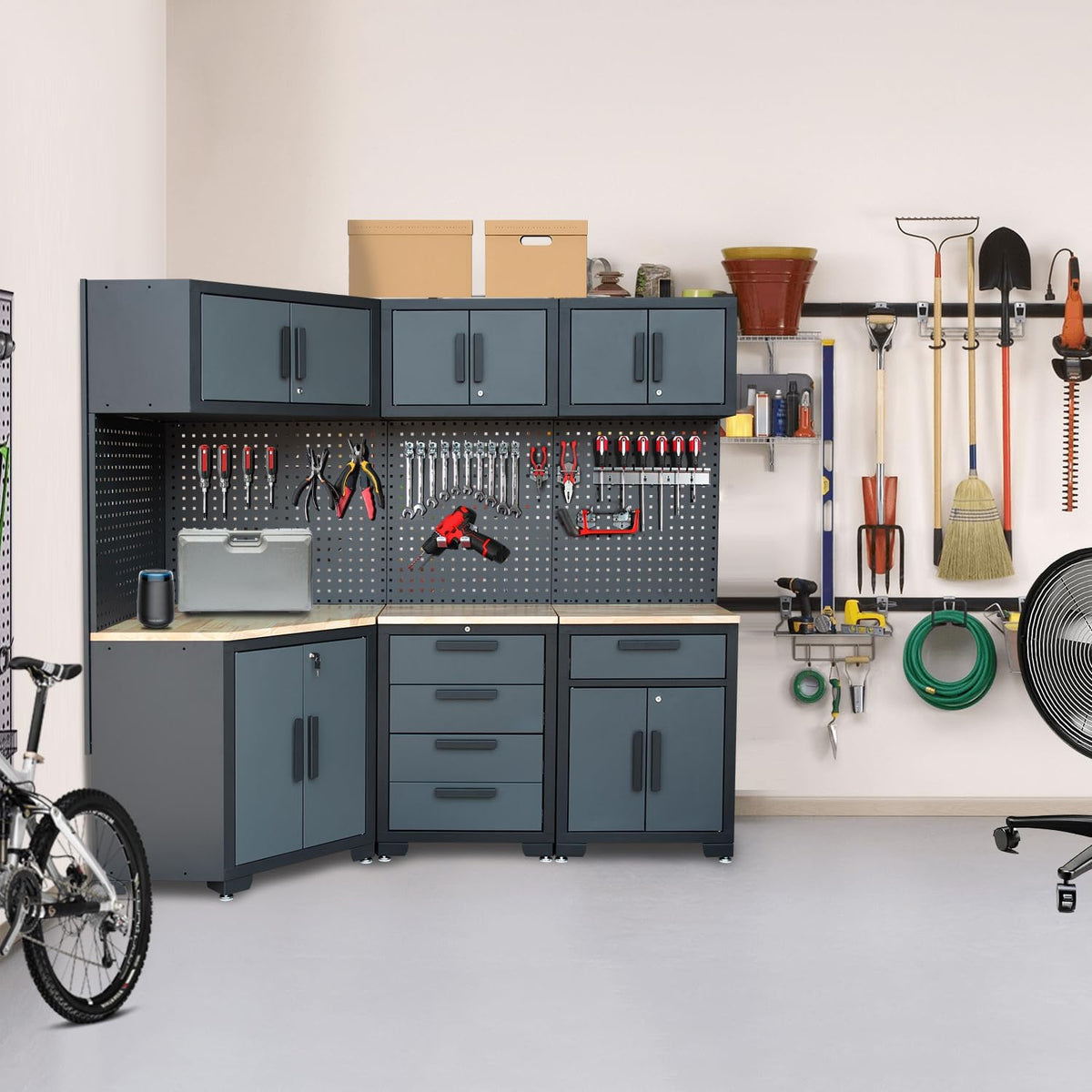 Corner Workshop Set - Garage Cabinets and Storage System with Corner Cabinet, Cabinet Drawers, Workbench, Pegboard for Tool Organization - Black and Grey