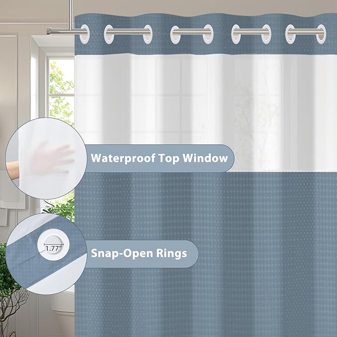 GICDSU No Hook Shower Curtain with Snap in Liner, Waffle Shower Curtain Set for Bathroom, Hotel Style with Semi-Sheer Top Window, Waterproof & Washable, Fog Blue, 71" W x 80" L