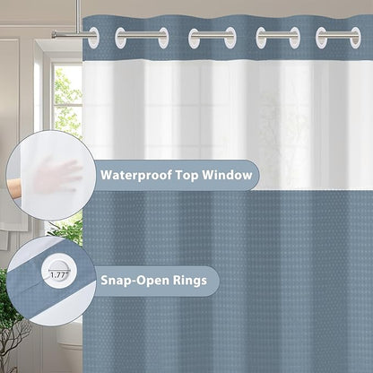 GICDSU No Hook Shower Curtain with Snap in Liner, Waffle Shower Curtain Set for Bathroom, Hotel Style with Semi-Sheer Top Window, Waterproof & Washable, Fog Blue, 71" W x 80" L