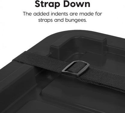 IRIS USA 12 Gallon Heavy Duty Truck Bed Toolbox Storage Tote Bins with Lids, 4 Pack - Made in USA, Tough Snap On Lockable Lid Stackable Industrial Rugged Tubs, Garage Organization Box - Black