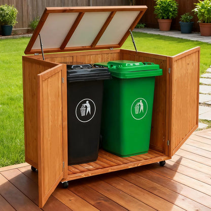 30 cu ft Outdoor Storage Shed, Wooden Trash Can Cabinet with Removable Wheels & Lockable Door for Patio, Garden, Garage