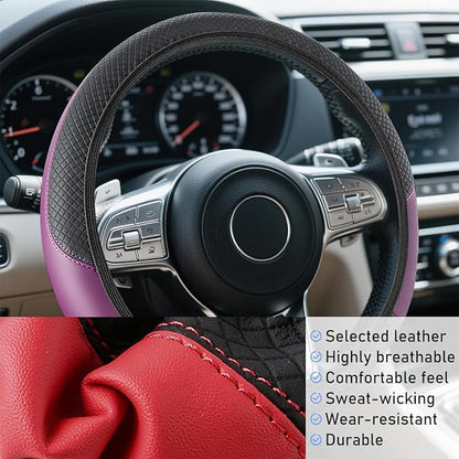Car Steering Wheel Cover, Elastic Stretch Leather Non-Slip Vehicle Steering Wheel Guard, Automotive Interior Protective Decor Accessories, Universal for SUV RV Truck (Black/Purple)