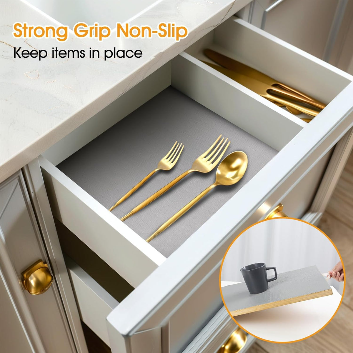Shelf and Drawer Liner for Kitchen Cabinets Non-Adhesive, Strong Grip Non-Slip Thickened Cabinet Liners for Shelves, Waterproof Mats for Dresser Cupboard, Pure Gray, 17 in x 10 Feet