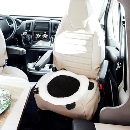 Panda Plush Car Seat Cushion with Lumbar Support for Drivers and Office Chairs, Black Rabbit Fur Blend Round Automotive Seat Pad for Comfortable Driving and Elderly Use