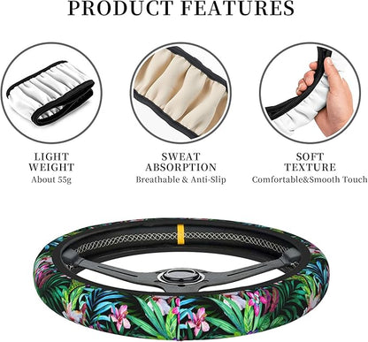 Tropical Car Steering Wheel Cover for Women Frangipani Hibiscus Palms 14-15 Inch Stretch Cloth Anti-Slip Wrap Protector Case Fit Universal Auto Accessories Decor Sweat Absorption (No Tools Needed)