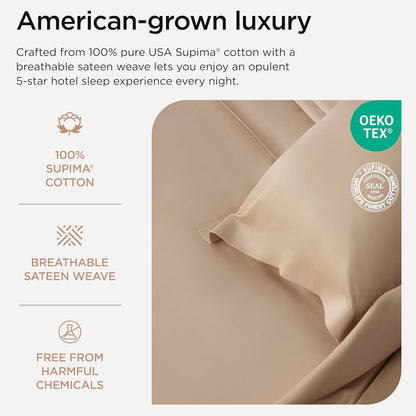 Threadmill Twin Sheet Set |656 Thread Count 100% Supima Cotton Sheets for Twin Mattress | Solid Sateen Twin Bed Sheets Set | 16” Deep Pocket | Soft Breathable 3-Piece Cooling Sheet Set | Beige Sheets