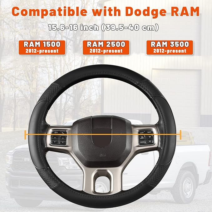 GIANT PANDA Car Steering Wheel Cover for Dodge Ram 1500 2500 3500 15.5-16 inches- Solid Black