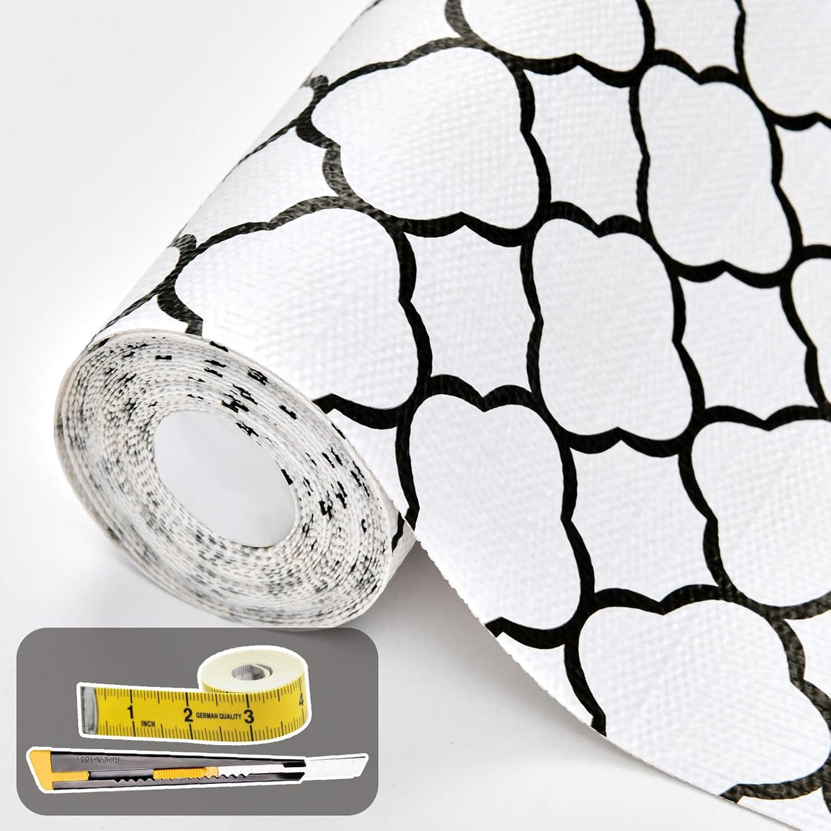Shelf Drawer Liners for Kitchen Cabinets 17.3 x 236 Inches Non Adhesive Drawer Liner Thickened Refrigerator Liner Black Quatrefoil Strong Non-Slip Paper for Tool Box with Knife and Tape Measure