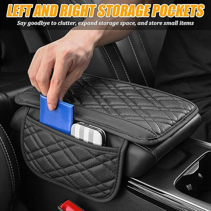 Car Center Console Cover, Leather Vehicle Armrest Cushion Pad with 2 Storage Bags, Comfortbale Automotive Interior Middle Seat Box Protector Accessories, Universal Fit (Beige)