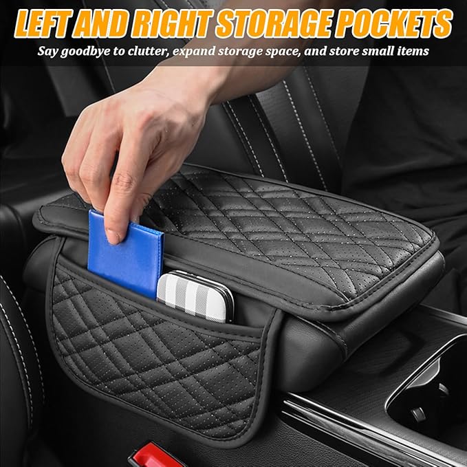 Car Center Console Cover, Leather Vehicle Armrest Cushion Pad with 2 Storage Bags, Comfortbale Automotive Interior Middle Seat Box Protector Accessories, Universal Fit (Red)
