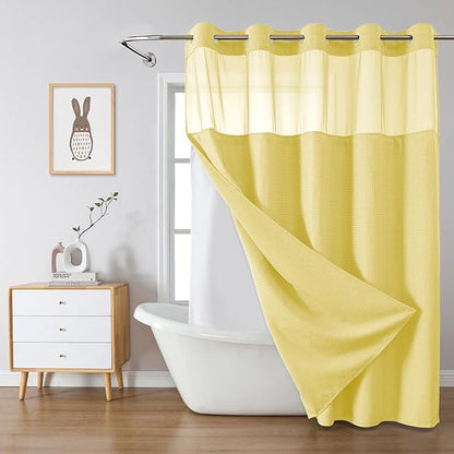 eachope Yellow No Hook Waffle Weave Shower Curtain with snap-in Liner Replacement, 230GSM Waterproof Fabric Hotel Shower Curtain Set for Bathroom, Through Mesh Top Window,71Wx74H