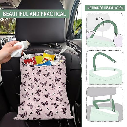 Cute Car Trash Can, Hanging Canvas Car Back Seat Organizer and Storage Bag, Funny Car Trash Bag For Travelling, Outdoor Cute Purple Butterfly leopard