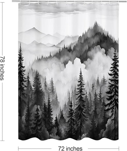 Litabel Black Long Misty Pine Forest Shower Curtain 72 x 78, Mountain Foggy Woodland Scenery Tree 78 Inch Long Shower Curtains for Bathroom, Abstract Waterproof Nature-Themed Decor