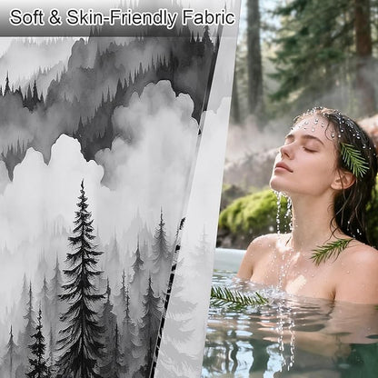 Litabel Black Long Misty Pine Forest Shower Curtain 72 x 78, Mountain Foggy Woodland Scenery Tree 78 Inch Long Shower Curtains for Bathroom, Abstract Waterproof Nature-Themed Decor