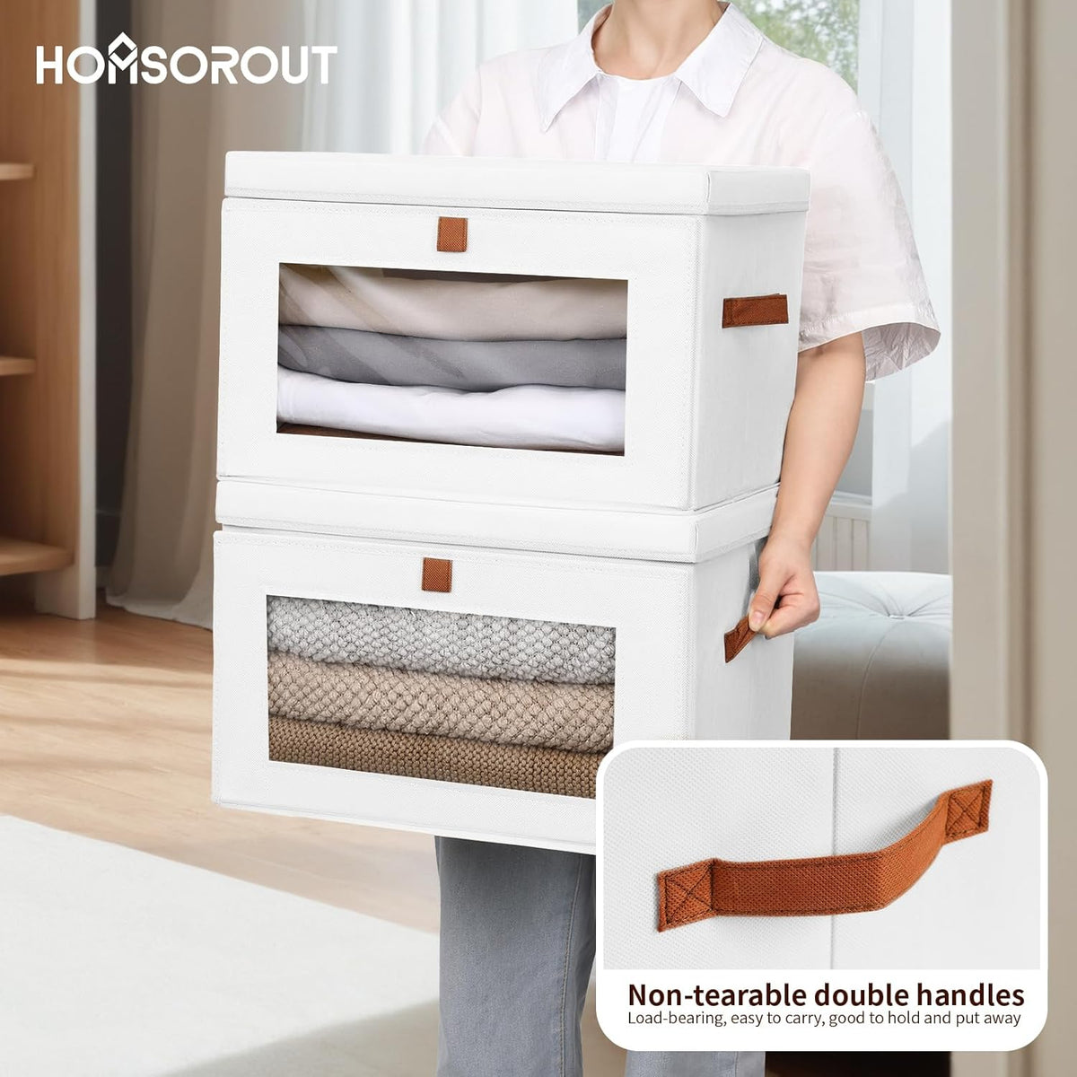 Large Clothing Storage Bins - Collapsible Boxes with Handles & Window, Decorative Organizer Bins with Lids, Fabric Containers for Living Room, Dorm, 4 Pack, White