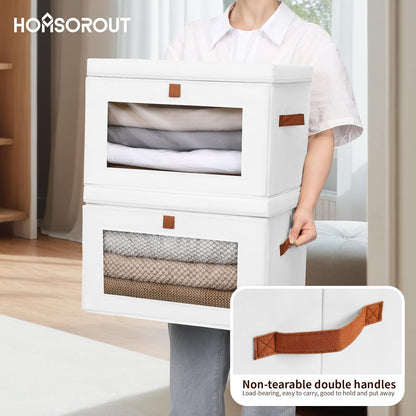 Large Clothing Storage Bins - Collapsible Boxes with Handles & Window, Decorative Organizer Bins with Lids, Fabric Containers for Living Room, Dorm, 4 Pack, White