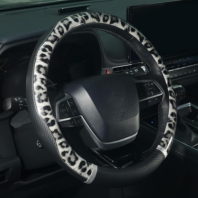 KAFEEK 16 inch Large Steering Wheel Cover, Leopard Cheetah Print with Anti-Slip Carbon Fiber Texture, Breathable Wheel Protector for Ford F150 F250 F350, Ram 1500 2500, Toyota Tacoma Tundra, Black
