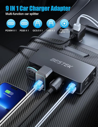 BESTEK 9 in 1 Cigarette Lighter Splitter,148W 3-Socket Multi Port Outlet Car Charger PD30W and 4 USB-A QC3.0 18W with LED Display 12V/24V Vehicle Super Fast Adapter for GPS, Dash Cam, iPhone, Car