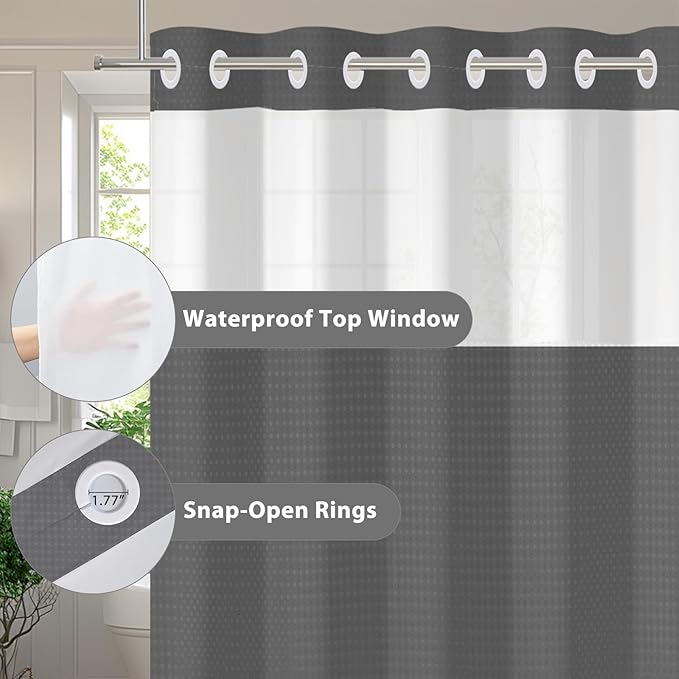 GICDSU No Hook Shower Curtain with Snap in Liner, Waffle Shower Curtain Set for Bathroom, Hotel Style with Semi-Sheer Top Window, Waterproof & Washable, Dark Grey, 59" W x 75" L