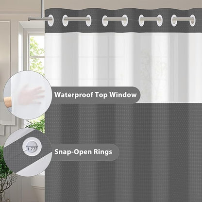 GICDSU No Hook Shower Curtain with Snap in Liner, Waffle Shower Curtain Set for Bathroom, Hotel Style with Semi-Sheer Top Window, Waterproof & Washable, Dark Grey, 59" W x 75" L