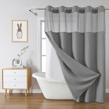 eachope Grey No Hook Waffle Weave Shower Curtain with snap-in Liner Replacement, 230GSM Waterproof Fabric Hotel Shower Curtain Set for Bathroom, Through Mesh Top Window,71Wx74H