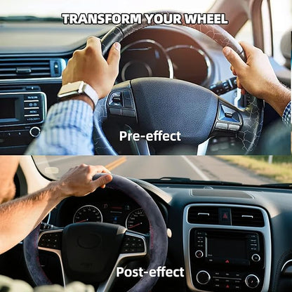 Suede Leather Steering Wheel Cover Wrap Kit - DIY Stitch-On for 14.5-15" Wheels, Superior Sweat Absorption & Non-Slip Grip, Comfortable & Durable Year-Round Upgrade