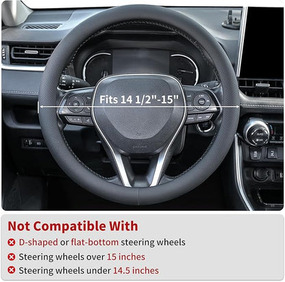 Nappa Leather Steering Wheel Cover, Universal 14.5–15 Inch Non-Slip Breathable Steering Wheel Cover for Cars, Black