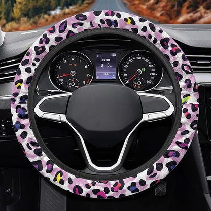 Universal Non-Slip Steering Wheel Cover, 15-inch Polyester Material Driving Accessories, Adjustable for Car and Truck(Vintage Lavender Colorful Leopard)