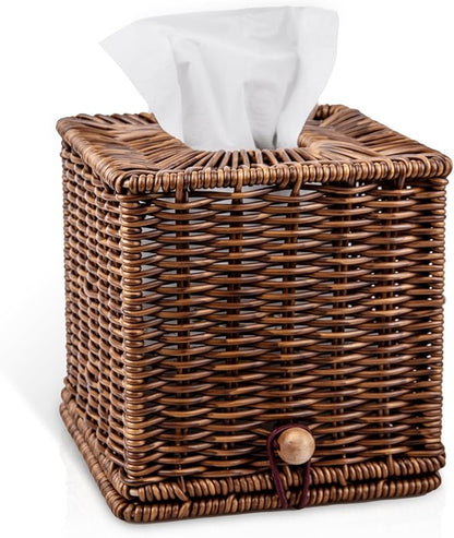 Rattan Tissue Box Cover Square Natural Woven Decorative Rectangle Tissue Box Holder Bathroom Napkins Roll Paper Face Towels Organizer on Table Rustic Boho Decorative 5.5 X 5.5 X 5.9in