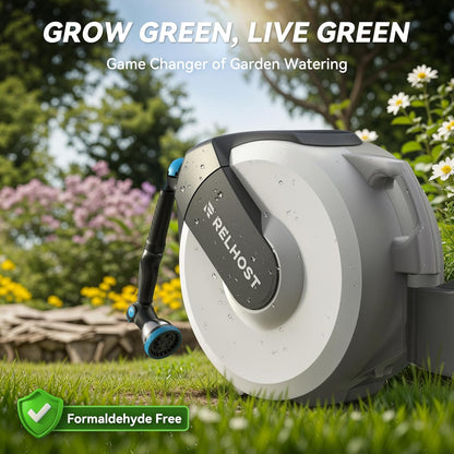 Retractable Garden Hose Reel 100 ft x 1/2 in, Heavy Duty Hose Reel Wall Mount with Any Length Lock, Auto Rewind System, 180° Swivel Bracket, 10-Pattern Garden Hose Nozzle, White & Grey