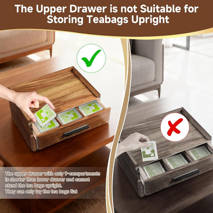 Acacia Wood Tea Bag Organizer with Gift Box, Double-Drawer Tea Box - Tea Accessories for Tea Organizer and Storage Box, Tea Station Chest Caddy for Countertop Cabinet Office(21-Compartment)