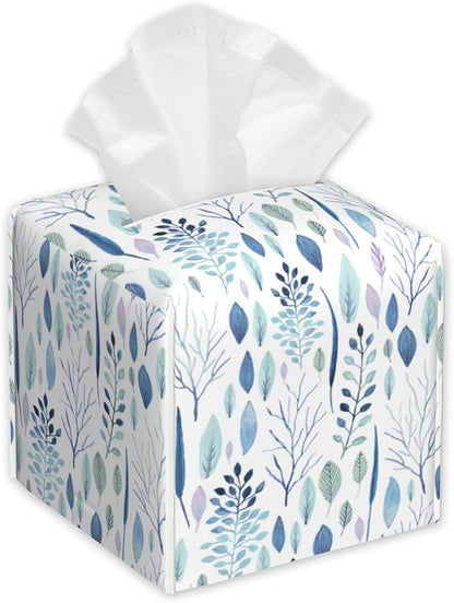 Watercolor Floral Flower Tissue Box Cover Square,Tissue Box Holder with Belt Bottom,Stylish Leather Napkin Holder for Vanity Countertop,Nightstands,Office Desk,5.2"×5.2"×5.2"