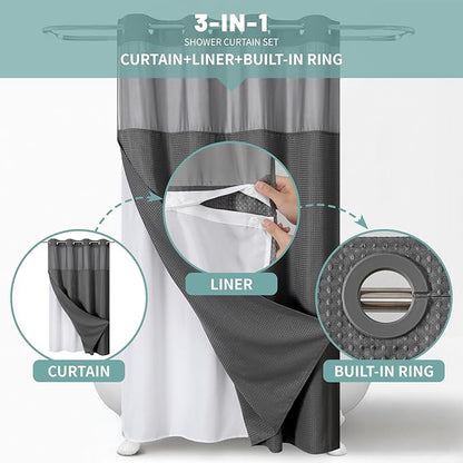 eachope Charcoal Grey No Hook Waffle Weave Shower Curtain with snap-in Liner Replacement, 230GSM Waterproof Fabric Hotel Shower Curtain Set for Bathroom, Through Mesh Top Window,54Wx80H